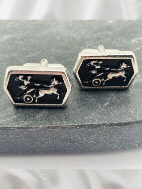 VINTAGE Black enamel silver tone metal Roman chariot cuff links groom wedding